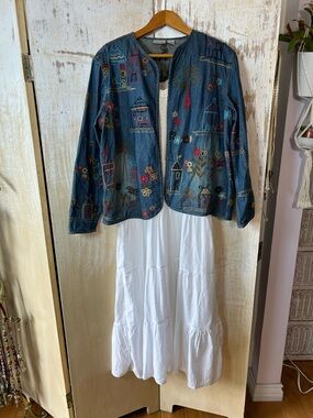 Chico's Blue Denim Jacket with Multicolor Embroidery